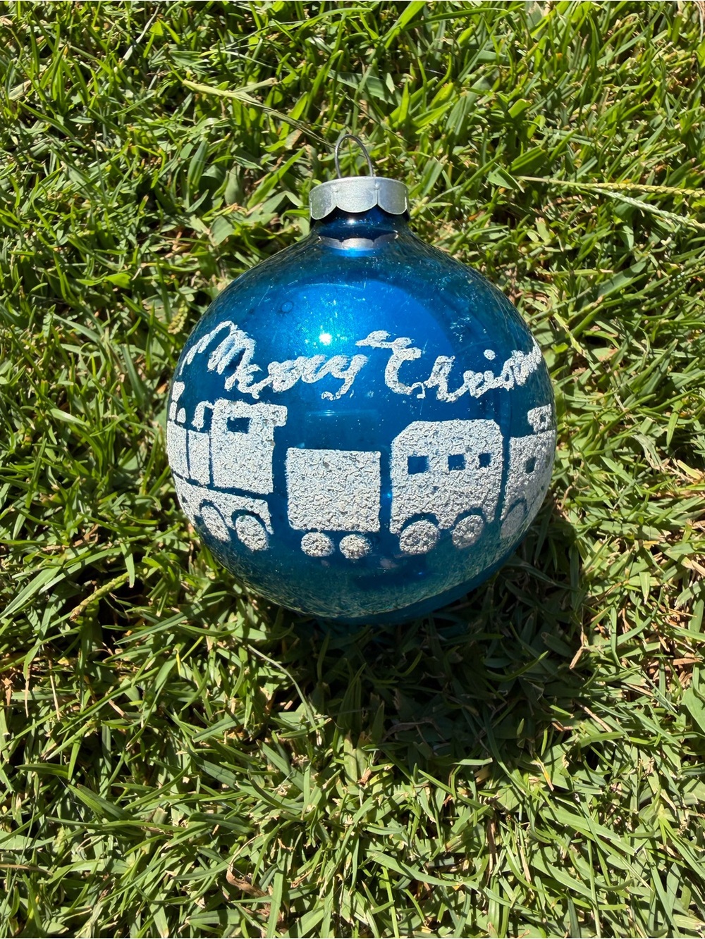VTG Blue Mercury Glass Stenciled Christmas Ornament Train Merry Christmas  3”